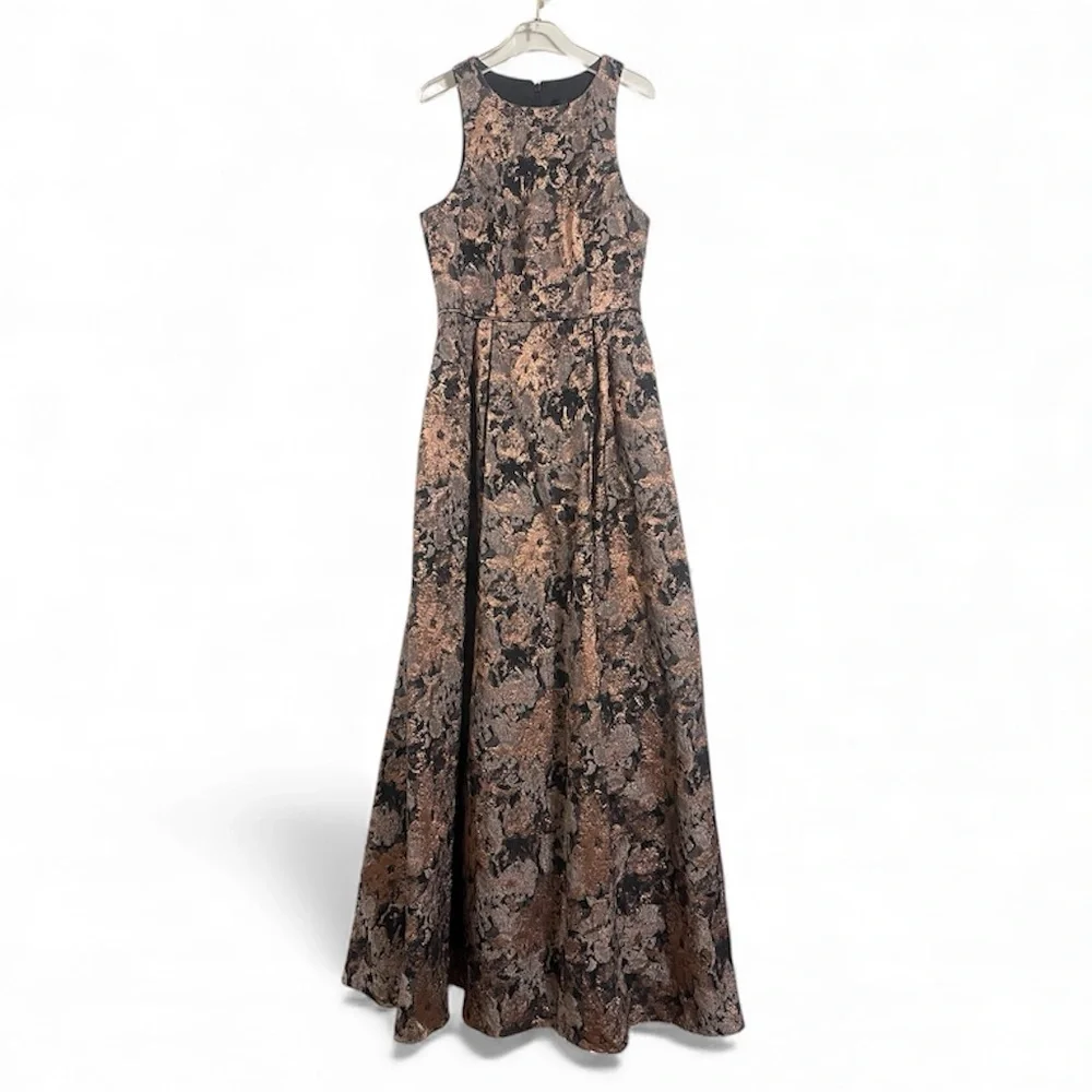 JOHNNY WAS Bronze Metallic Jacquard Sleeveless Pleated Maxi Dress Ball Gown